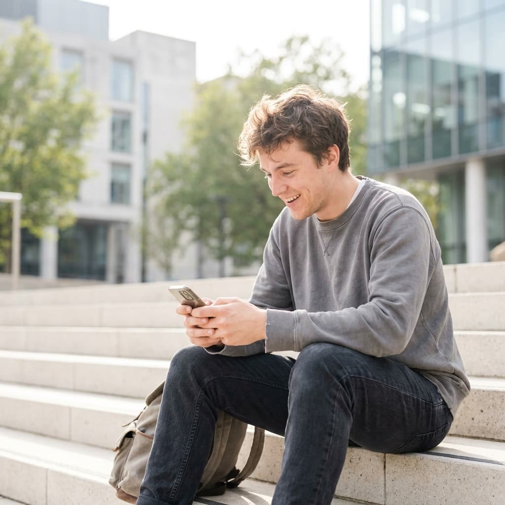 Student sitzt auf einer Treppe auf dem Campus und liest lächelnd eine Nachricht auf dem Handy